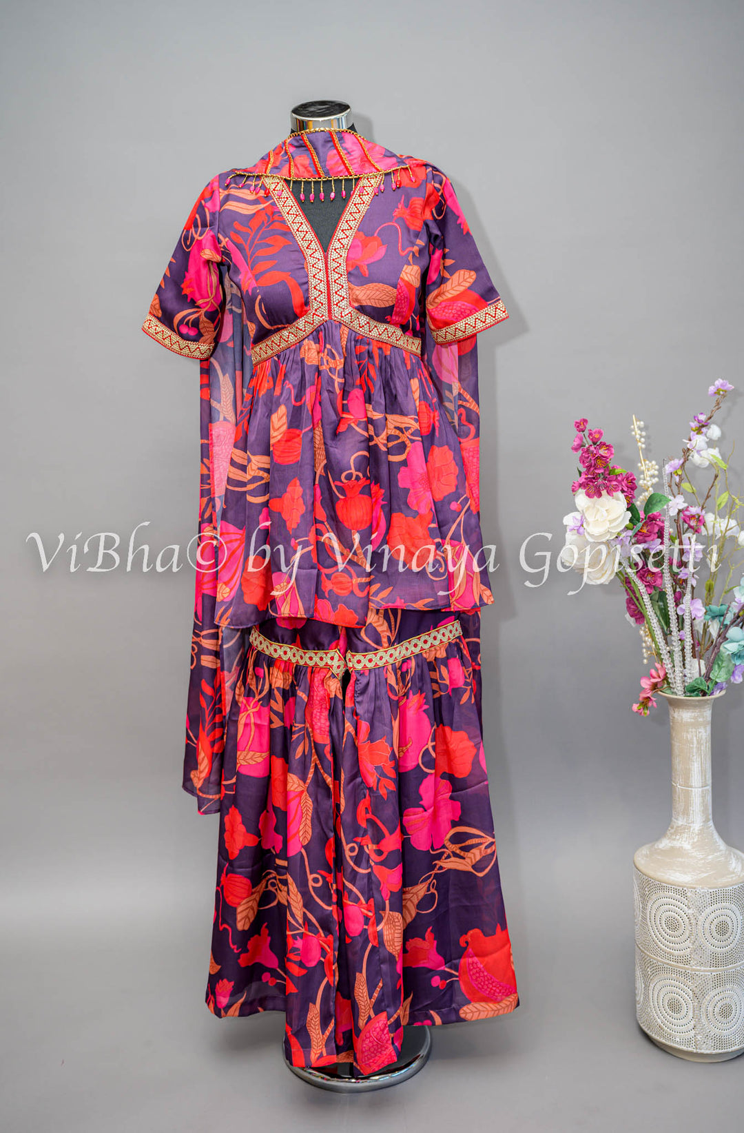 Midnight Blue Floral Print Sharara Set With Choker Dupatta.