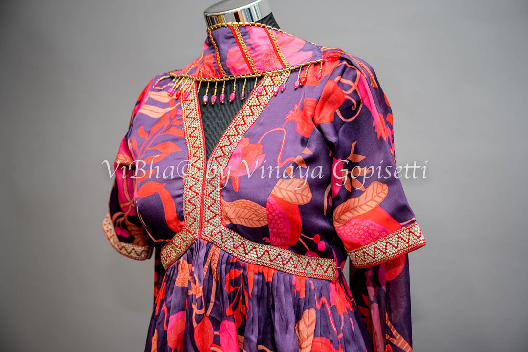 Midnight Blue Floral Print Sharara Set With Choker Dupatta.