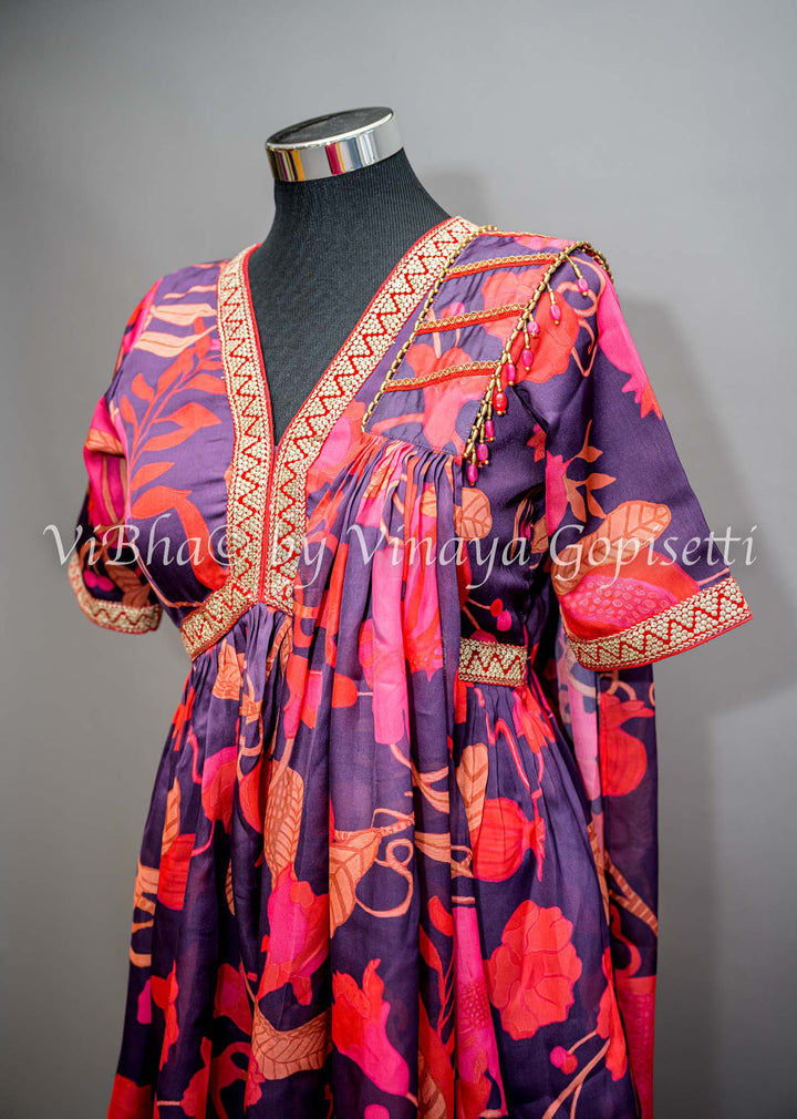 Midnight Blue Floral Print Sharara Set With Choker Dupatta.