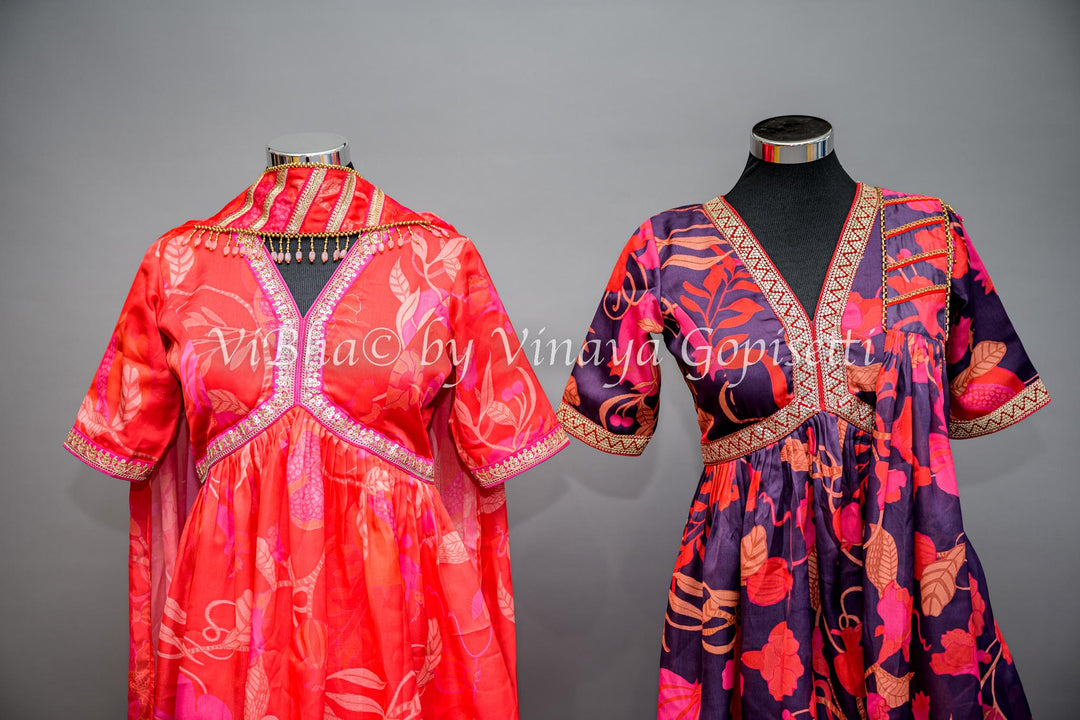 Coral And Pink Floral Print Sharara Set With Choker Dupatta