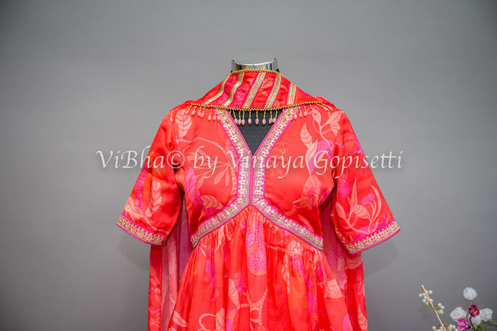 Coral And Pink Floral Print Sharara Set With Choker Dupatta