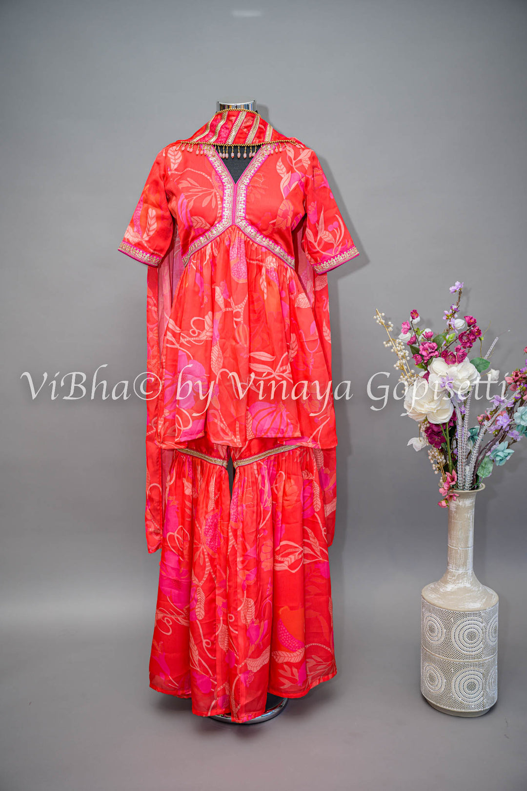 Coral And Pink Floral Print Sharara Set With Choker Dupatta