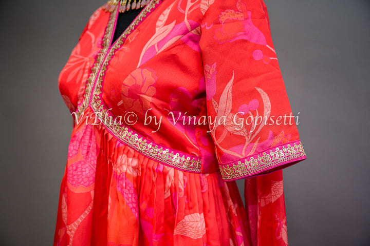 Coral And Pink Floral Print Sharara Set With Choker Dupatta