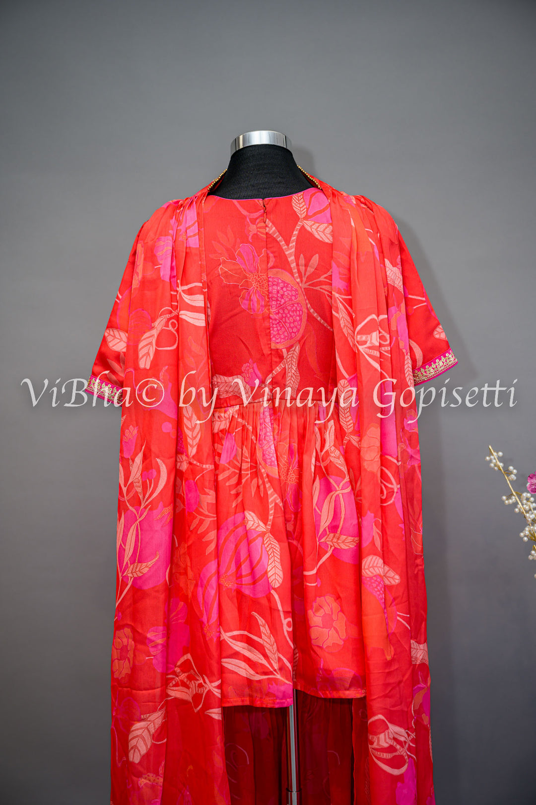 Coral And Pink Floral Print Sharara Set With Choker Dupatta