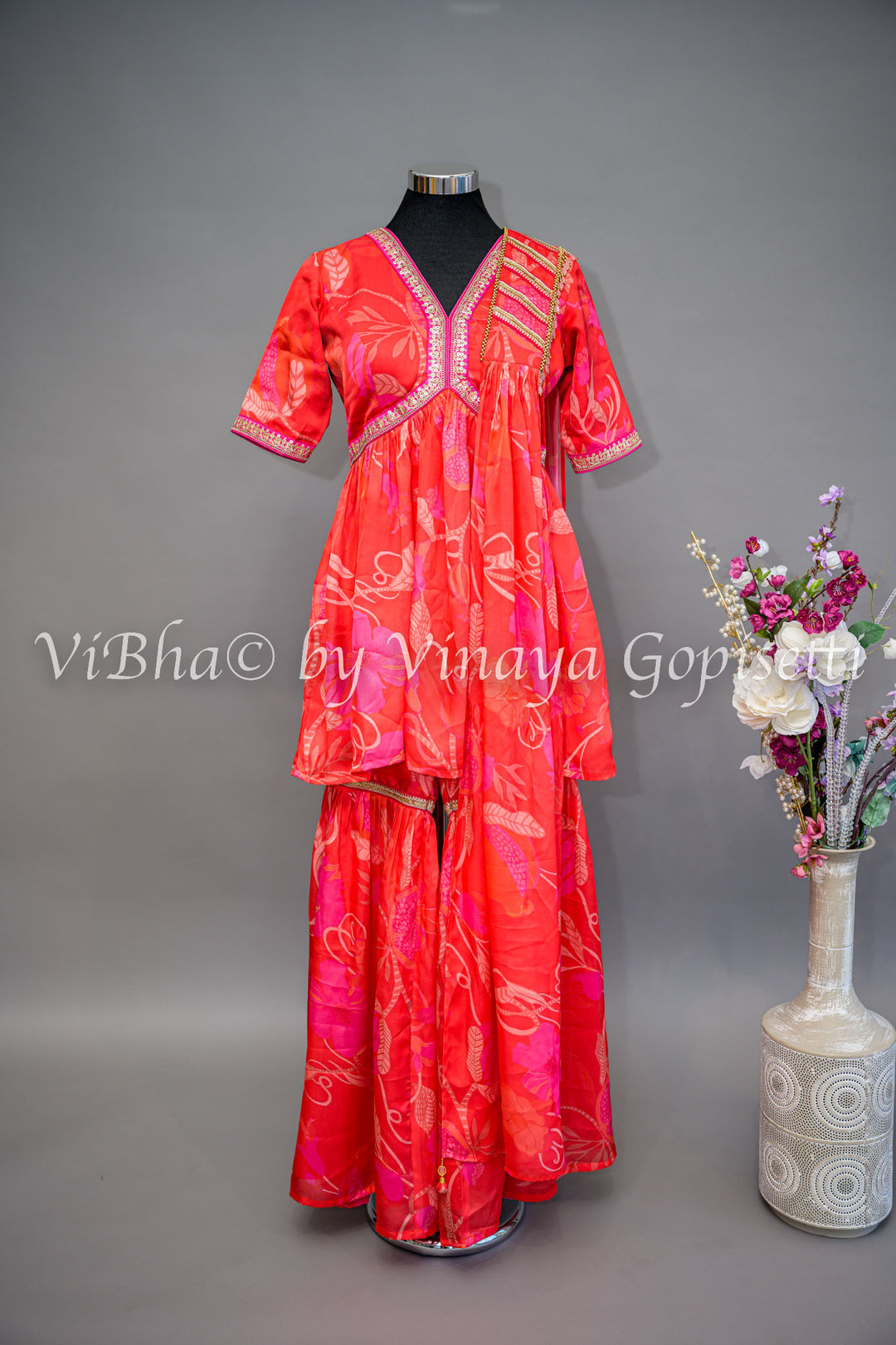 Coral And Pink Floral Print Sharara Set With Choker Dupatta