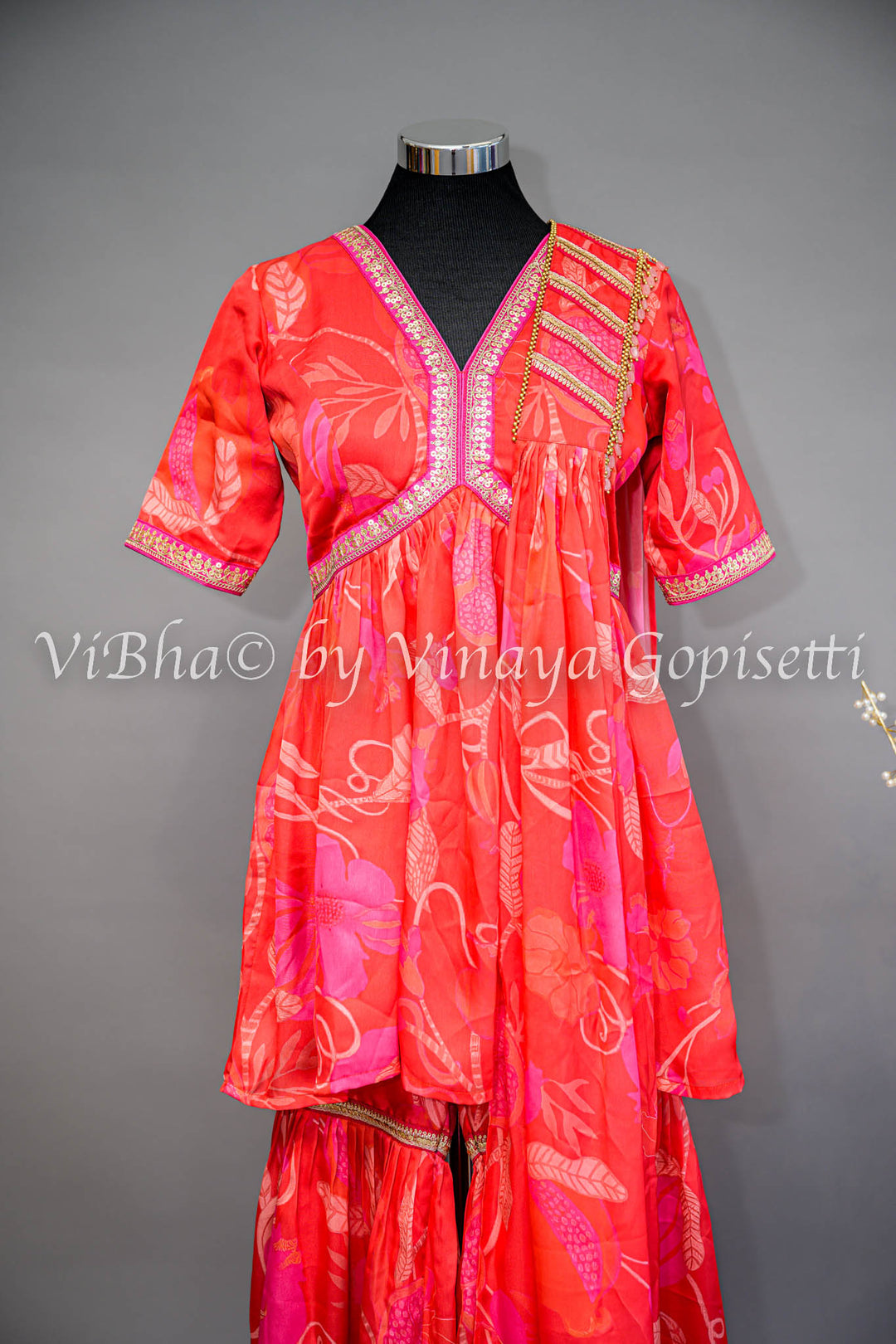 Coral And Pink Floral Print Sharara Set With Choker Dupatta