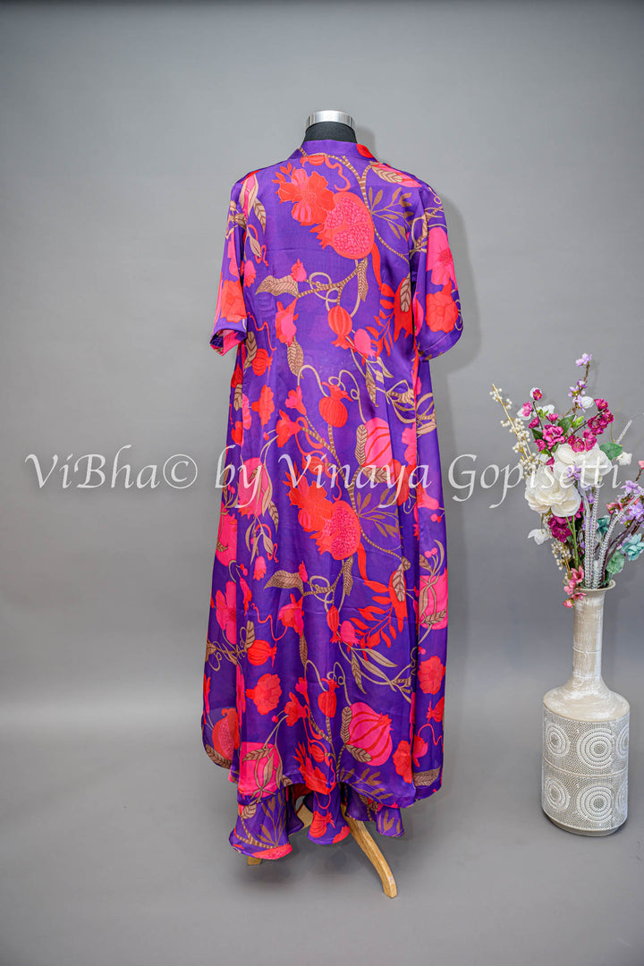 Purple And Pink Floral Print Cowl Skirt With Detachable Cape