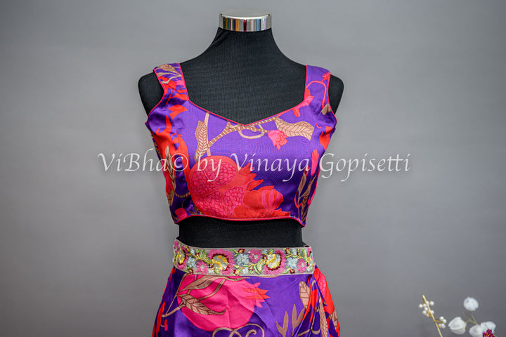 Purple And Pink Floral Print Cowl Skirt With Detachable Cape