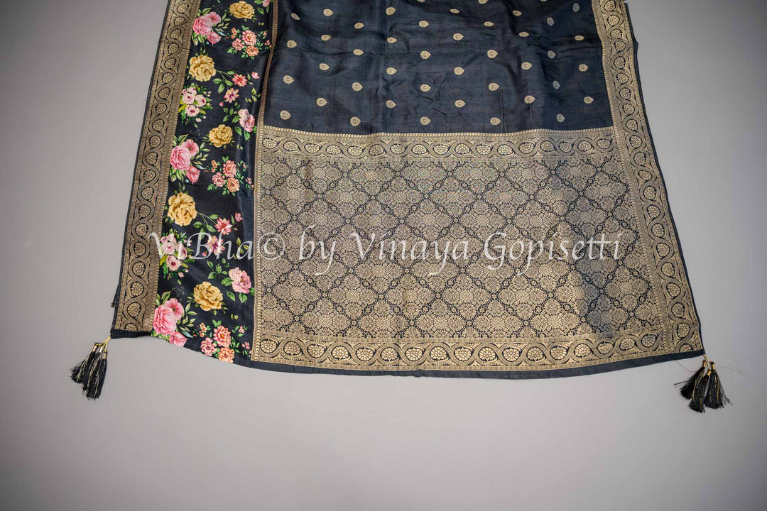 Black Banarasi Silk Saree With Floral Borders and Blouse