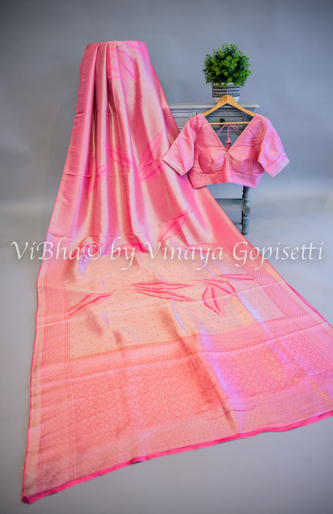 Pastel Pink Tissue Banarasi Silk Saree and Blouse