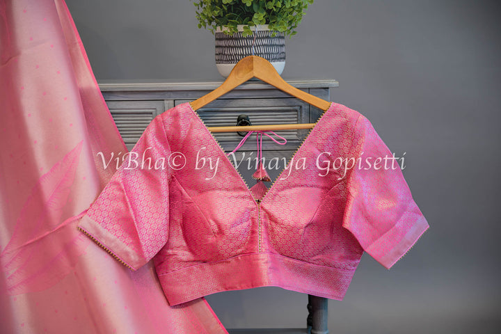 Pastel Pink Tissue Banarasi Silk Saree and Blouse