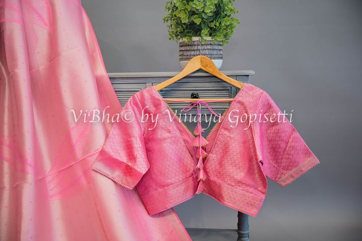 Pastel Pink Tissue Banarasi Silk Saree and Blouse