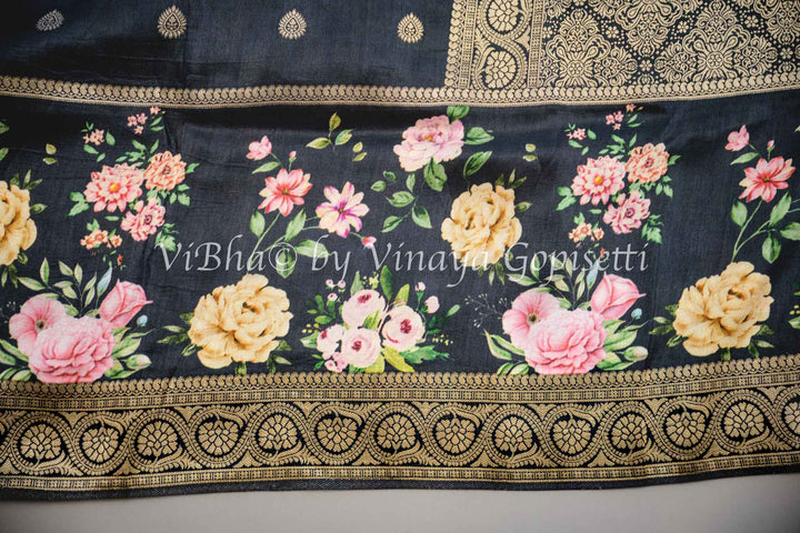 Black Banarasi Silk Saree With Floral Borders and Blouse