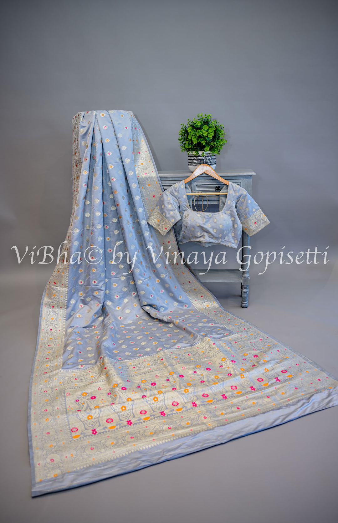 Grey Banarasi Katan Silk Saree And Blouse With Meenakari Work