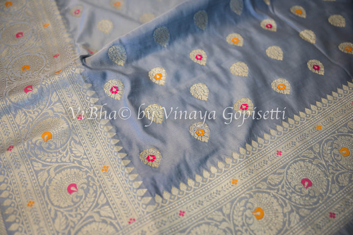 Grey Banarasi Katan Silk Saree And Blouse With Meenakari Work