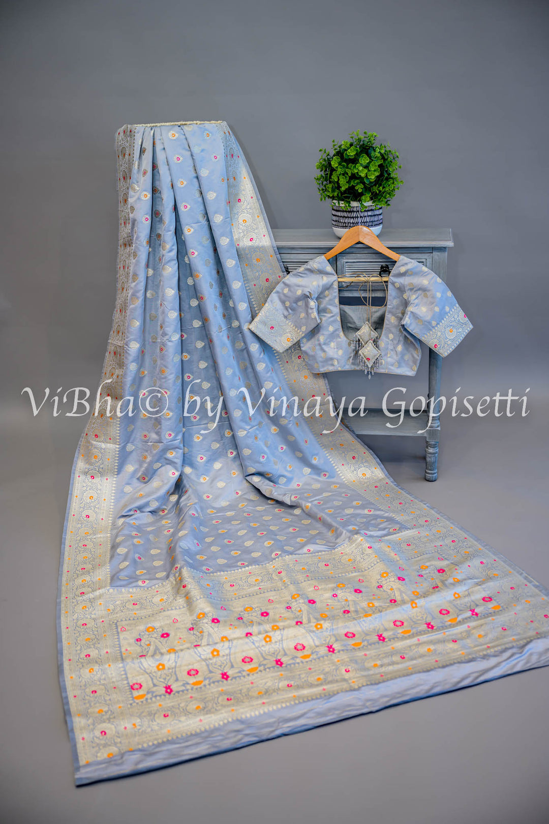 Grey Banarasi Katan Silk Saree And Blouse With Meenakari Work