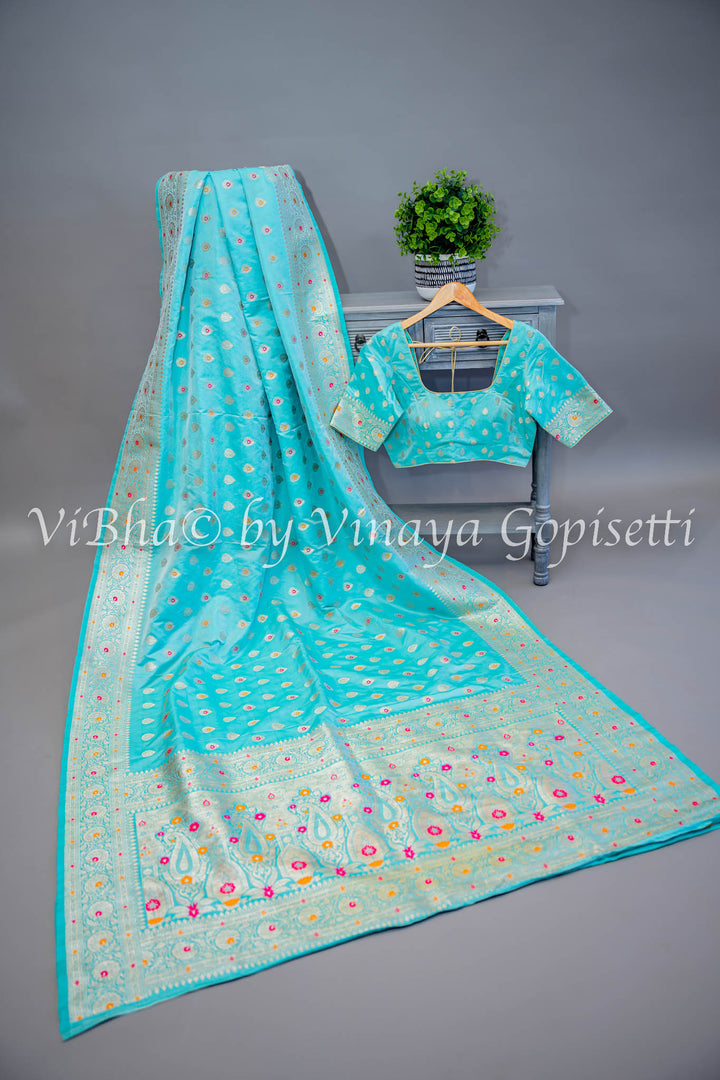 Aqua Banarasi Katan Silk Saree And Blouse With Meenakari Work