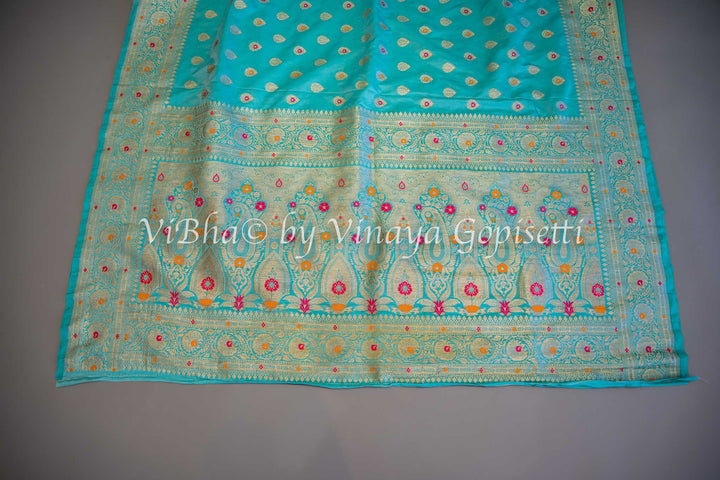 Aqua Banarasi Katan Silk Saree And Blouse With Meenakari Work