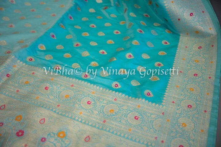 Aqua Banarasi Katan Silk Saree And Blouse With Meenakari Work