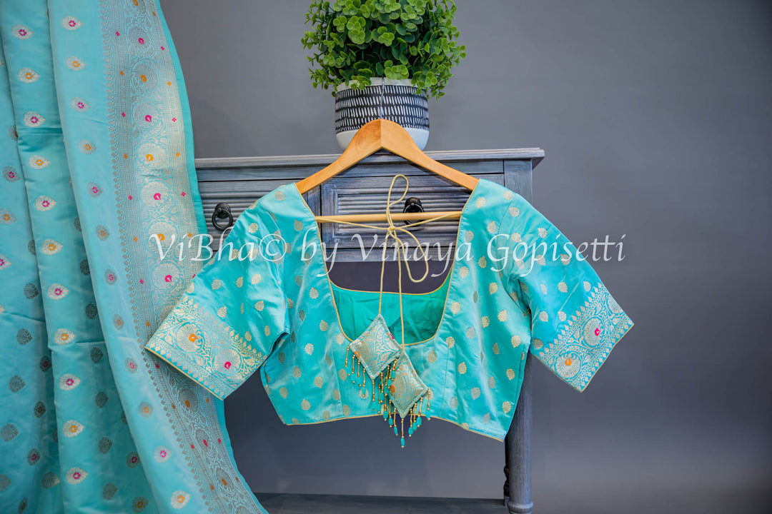 Aqua Banarasi Katan Silk Saree And Blouse With Meenakari Work