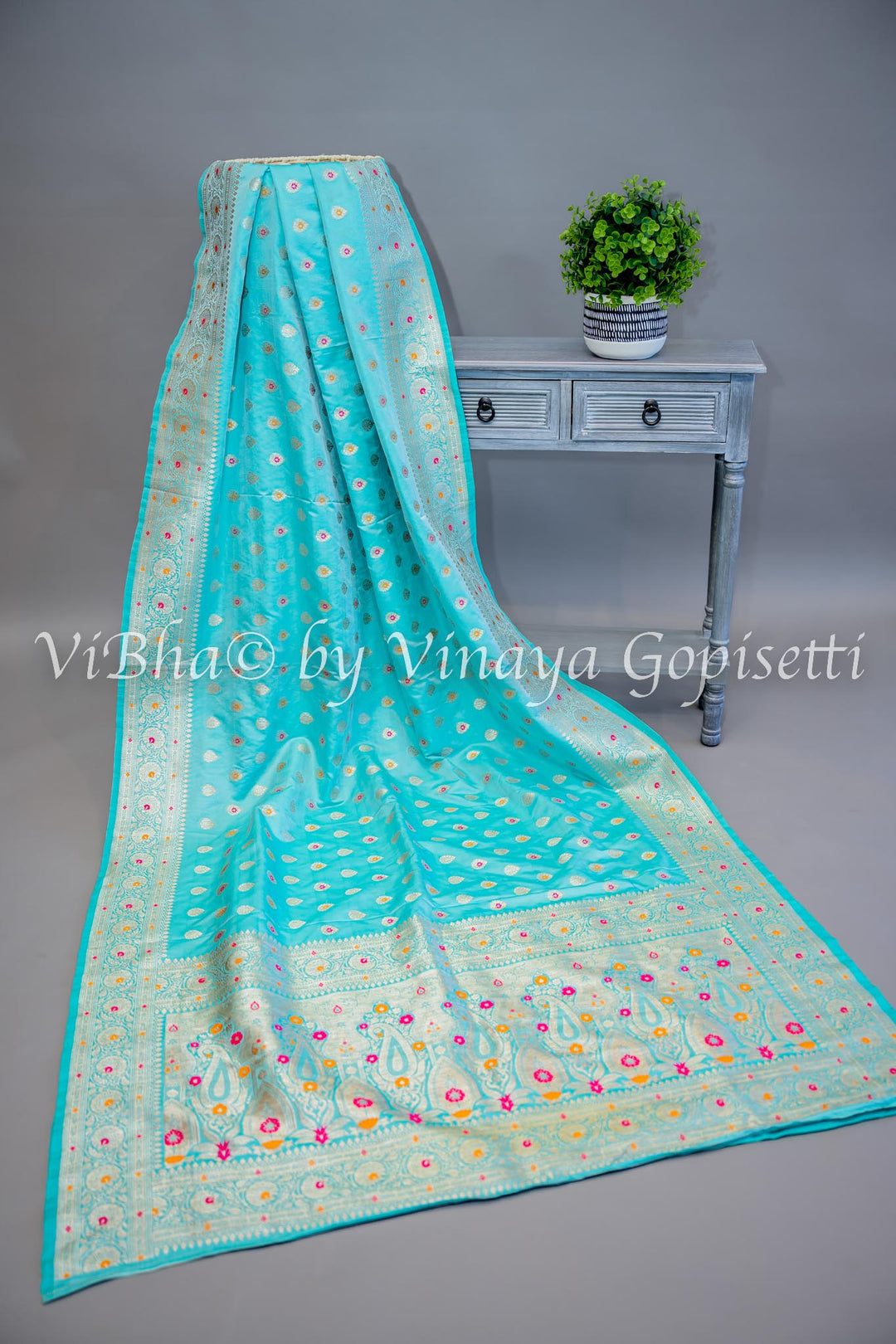 Aqua Banarasi Katan Silk Saree And Blouse With Meenakari Work