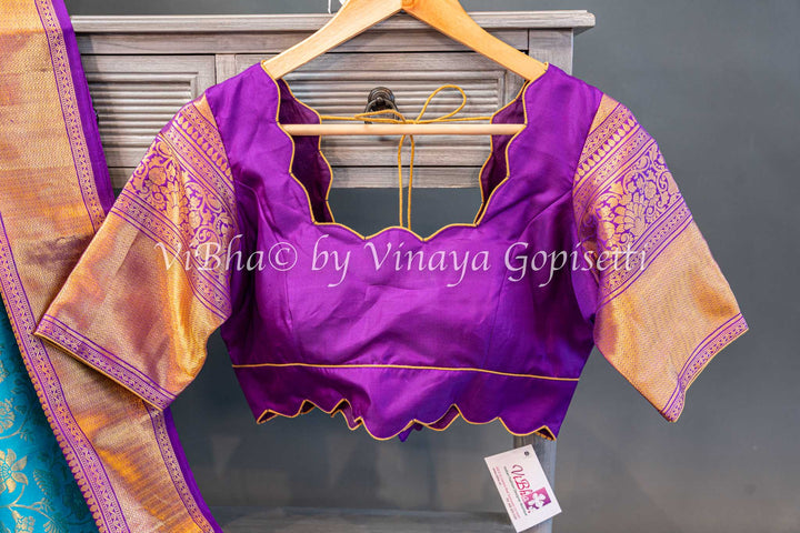 Sky Blue And Purple Kanchi Silk Saree And Blouse