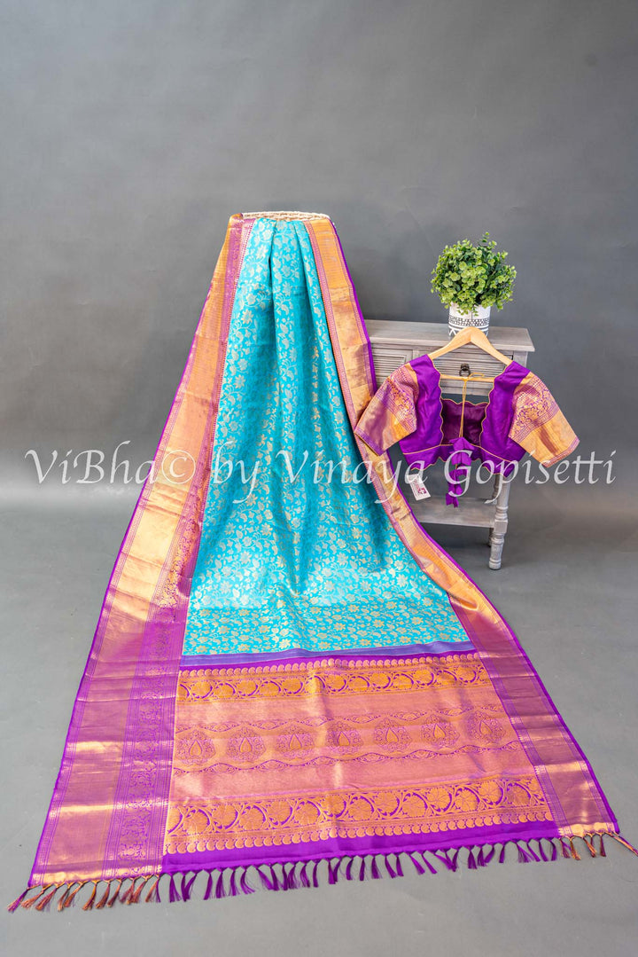 Sky Blue And Purple Kanchi Silk Saree And Blouse