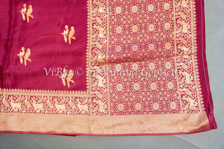 Burgundy Raw Mango Banarasi Silk Saree And Blouse