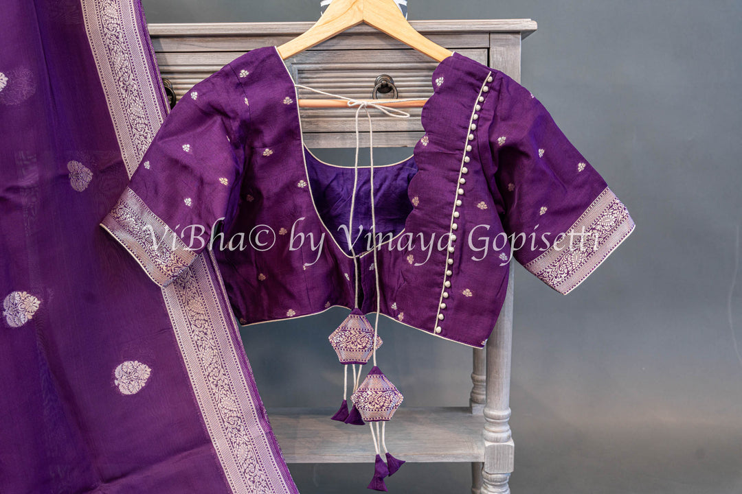 Violet Kora Banarasi Silk Saree and Blouse with Zari