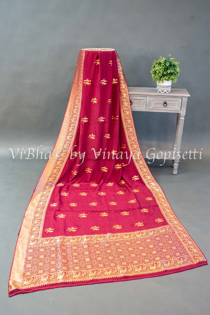 Burgundy Raw Mango Banarasi Silk Saree And Blouse