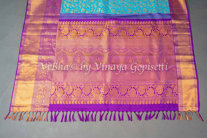 Sky Blue And Purple Kanchi Silk Saree And Blouse