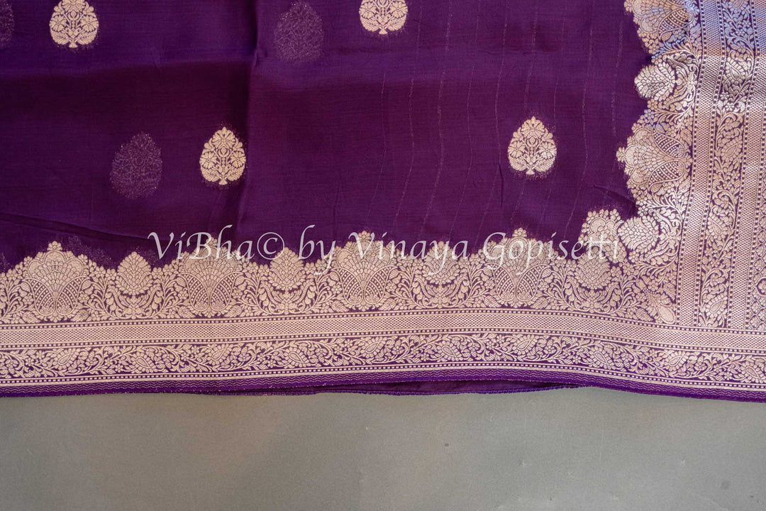 Violet Kora Banarasi Silk Saree and Blouse with Zari