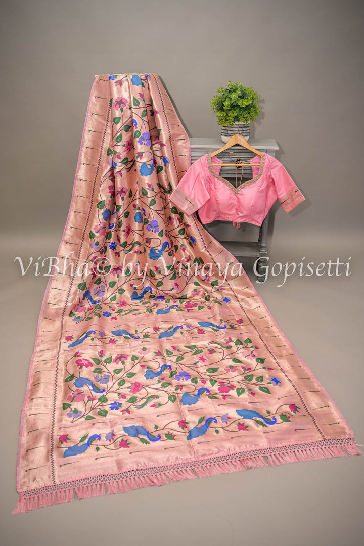 Pastel Pink Banarasi Paithani Silk Saree And Blouse