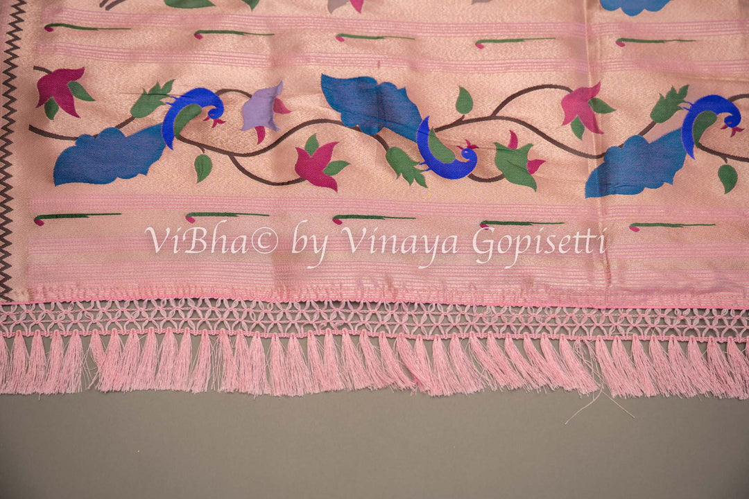 Pastel Pink Banarasi Paithani Silk Saree And Blouse