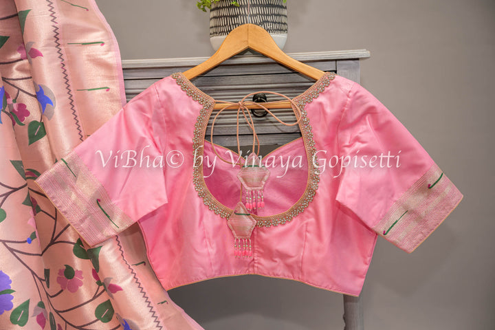 Pastel Pink Banarasi Paithani Silk Saree And Blouse