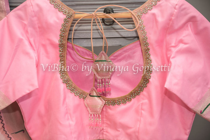 Pastel Pink Banarasi Paithani Silk Saree And Blouse