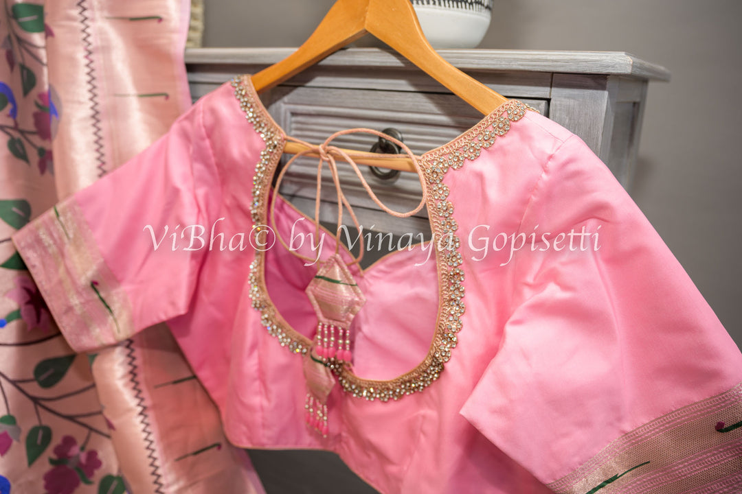 Pastel Pink Banarasi Paithani Silk Saree And Blouse