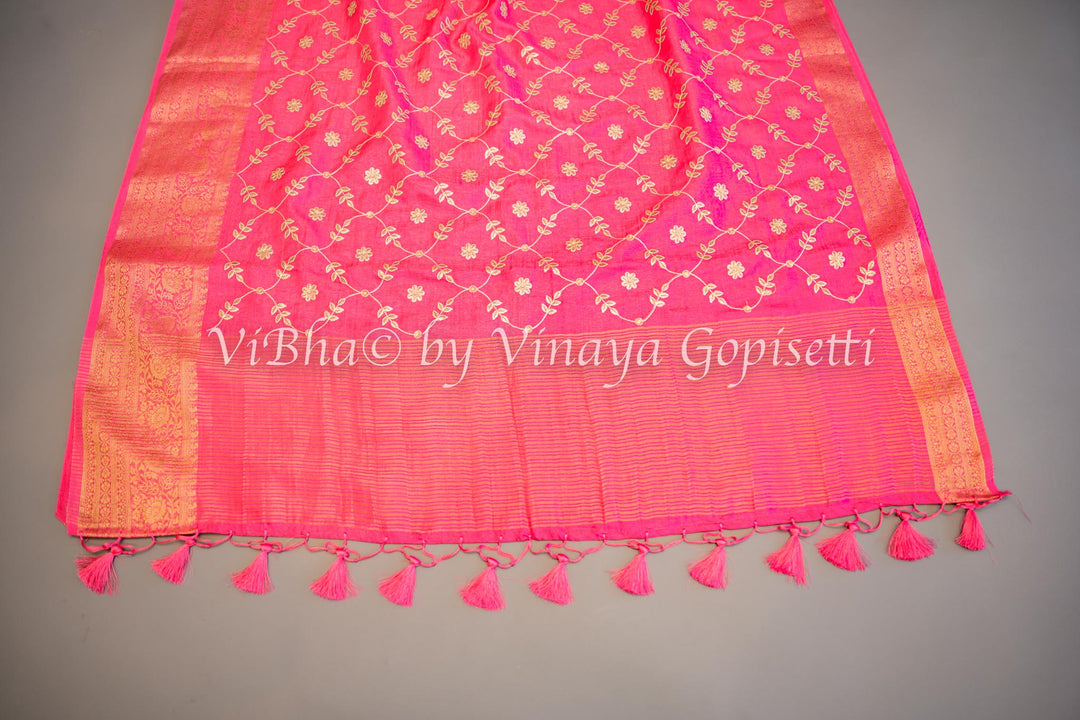 Pink Embroidered Banarasi Silk Saree and Blouse