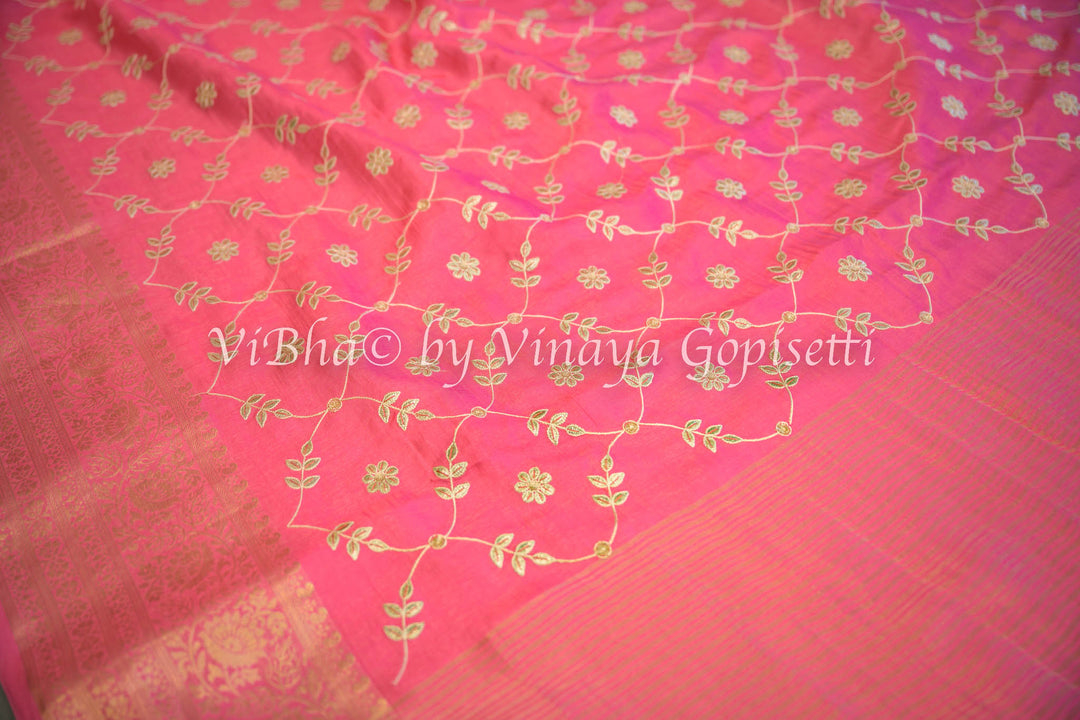 Pink Embroidered Banarasi Silk Saree and Blouse