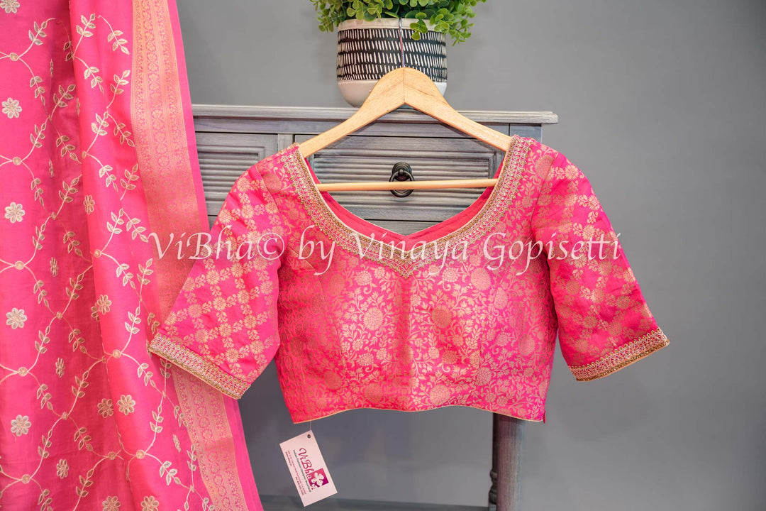 Pink Embroidered Banarasi Silk Saree and Blouse