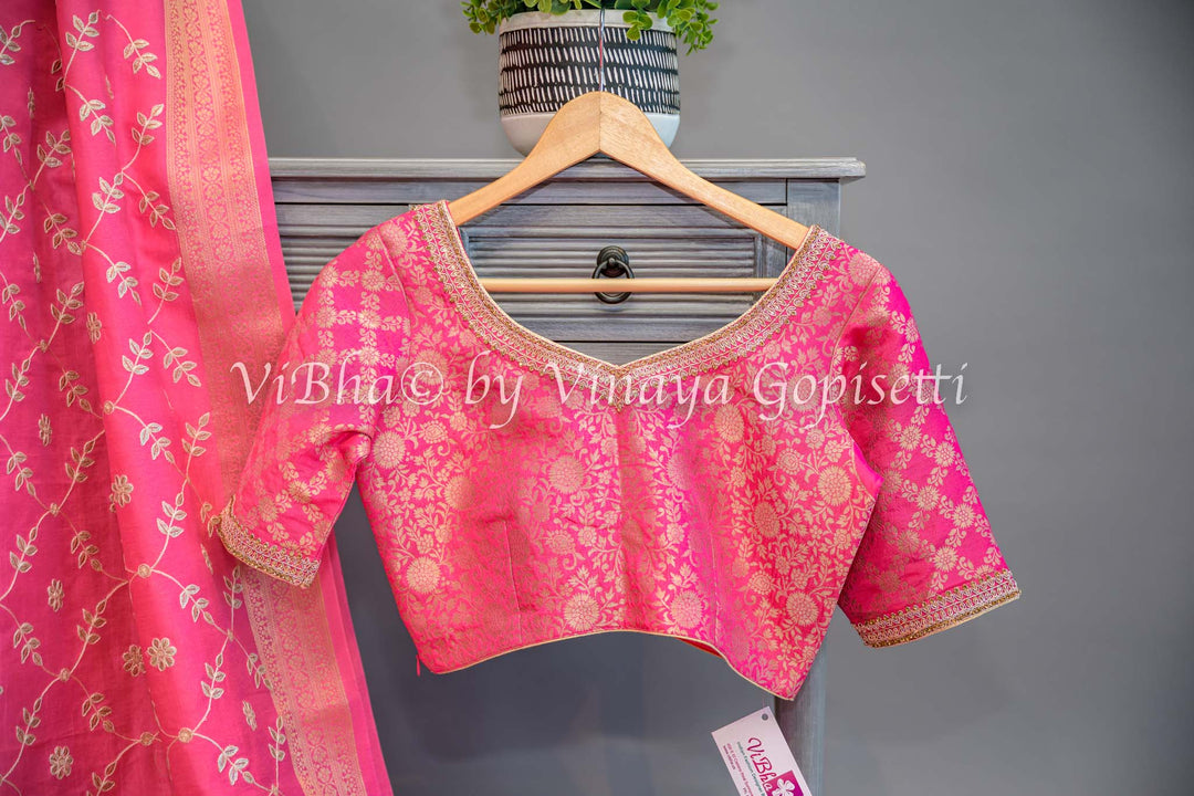 Pink Embroidered Banarasi Silk Saree and Blouse