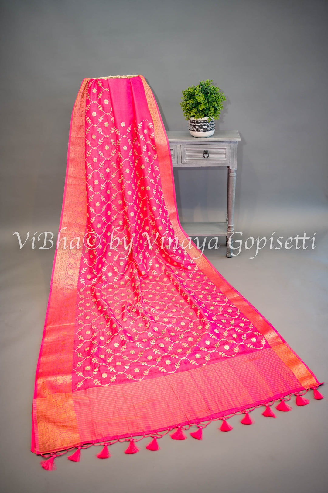 Pink Embroidered Banarasi Silk Saree and Blouse