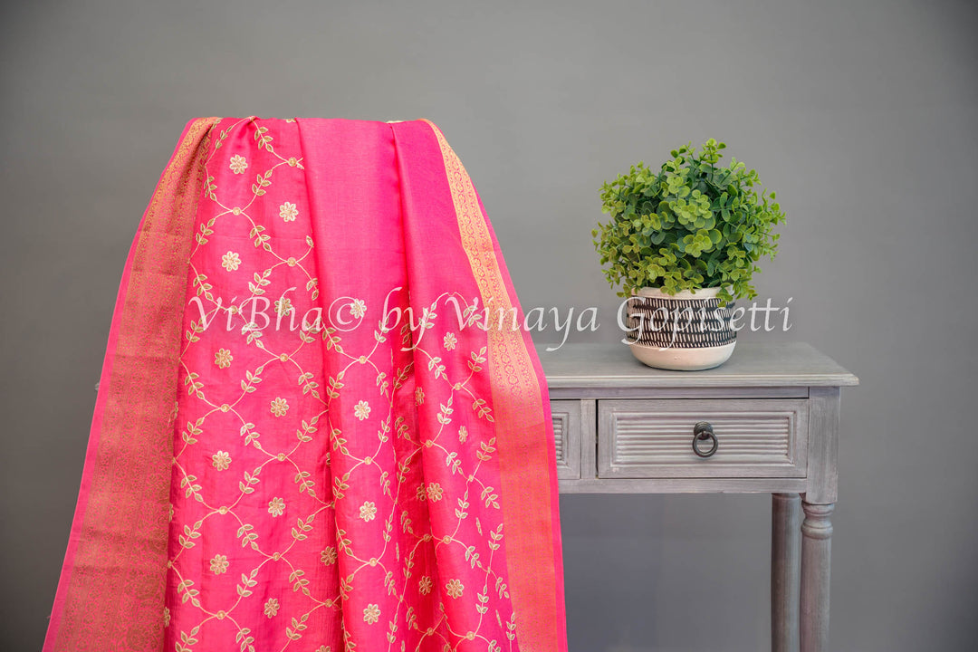 Pink Embroidered Banarasi Silk Saree and Blouse