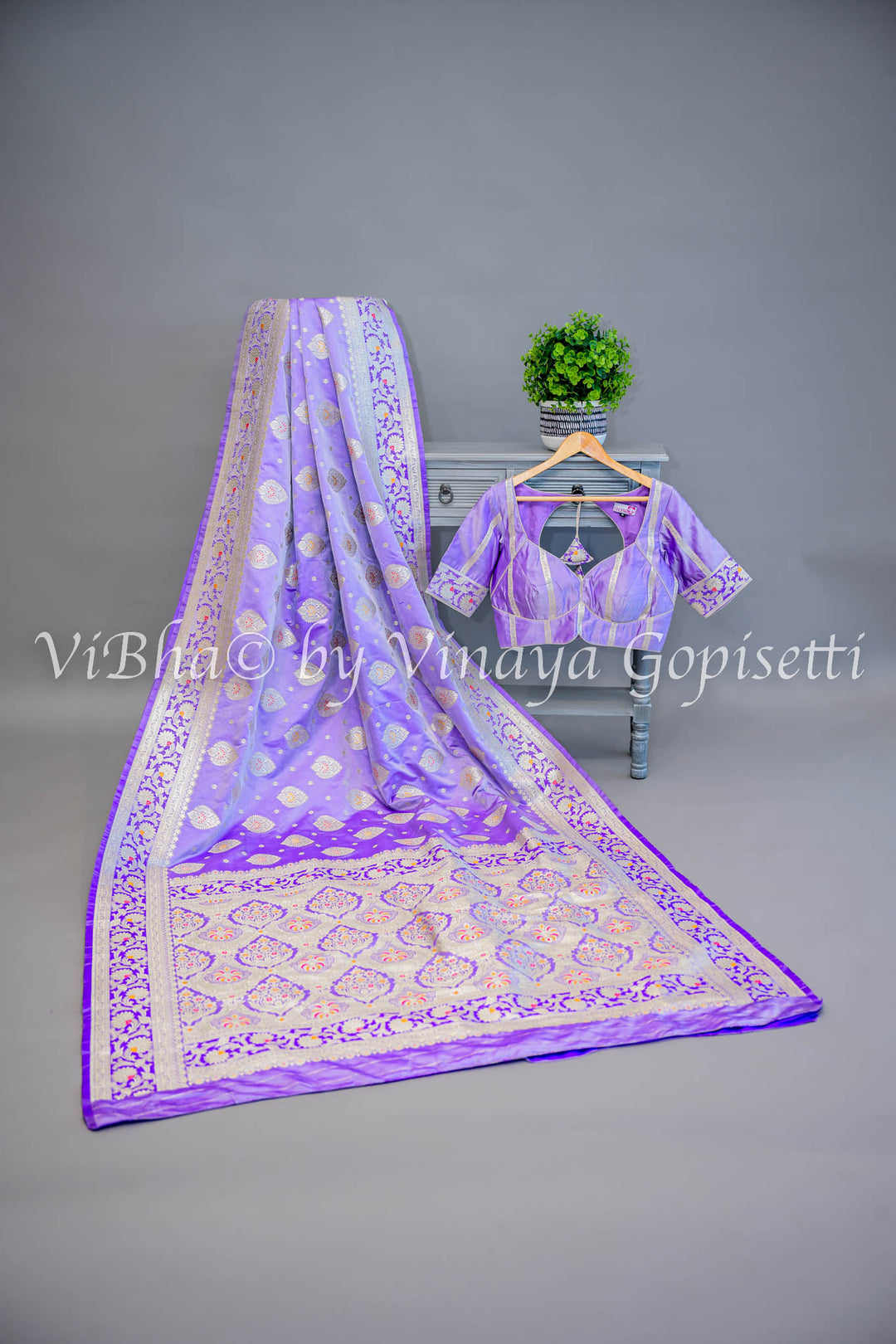 Lilac Banarasi Katan Silk Saree And Blouse