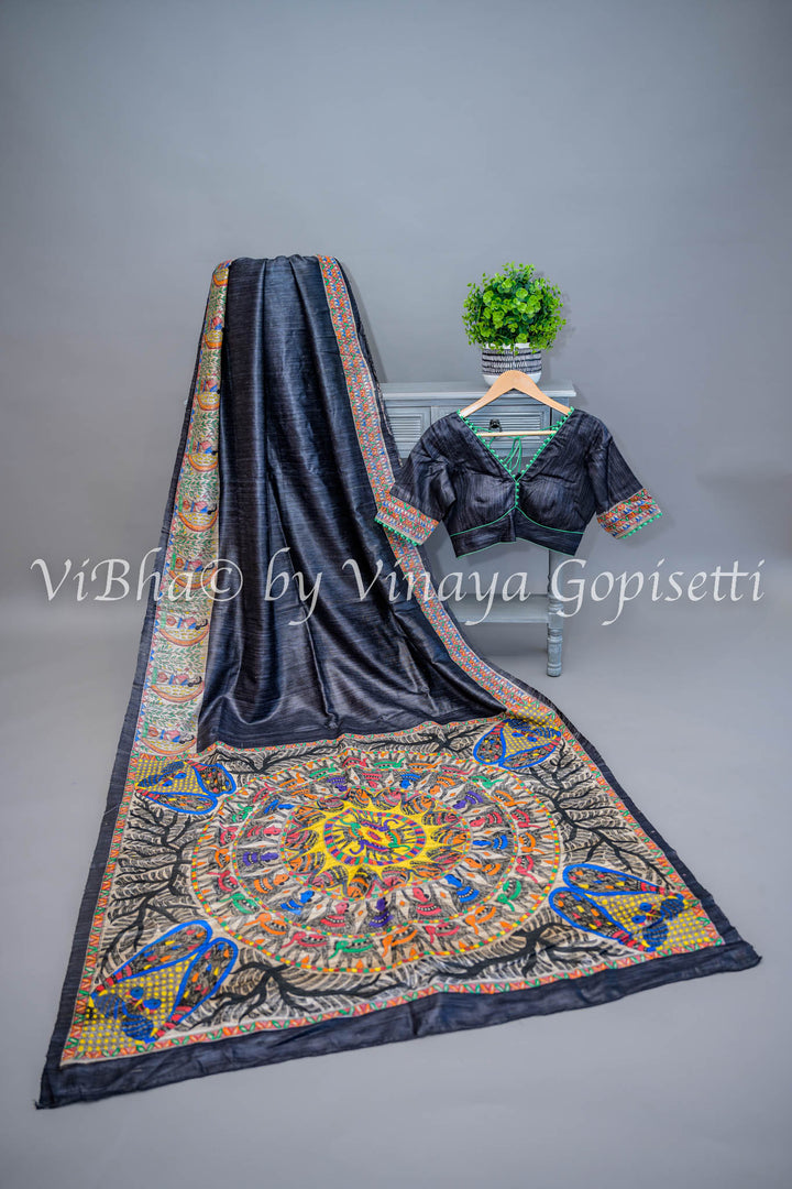 Black Madhubani Tussar Silk Saree and Blouse