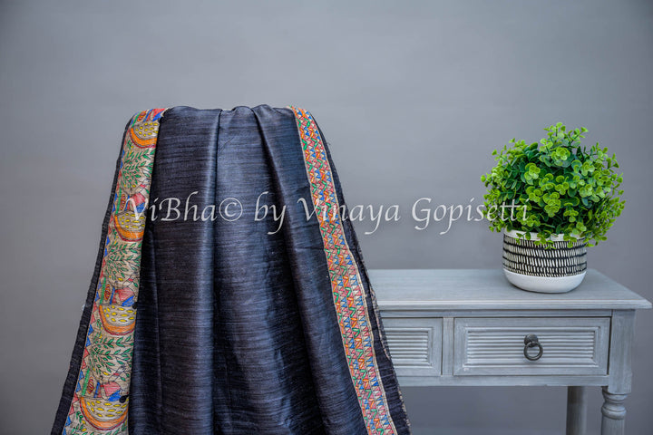 Black Madhubani Tussar Silk Saree and Blouse