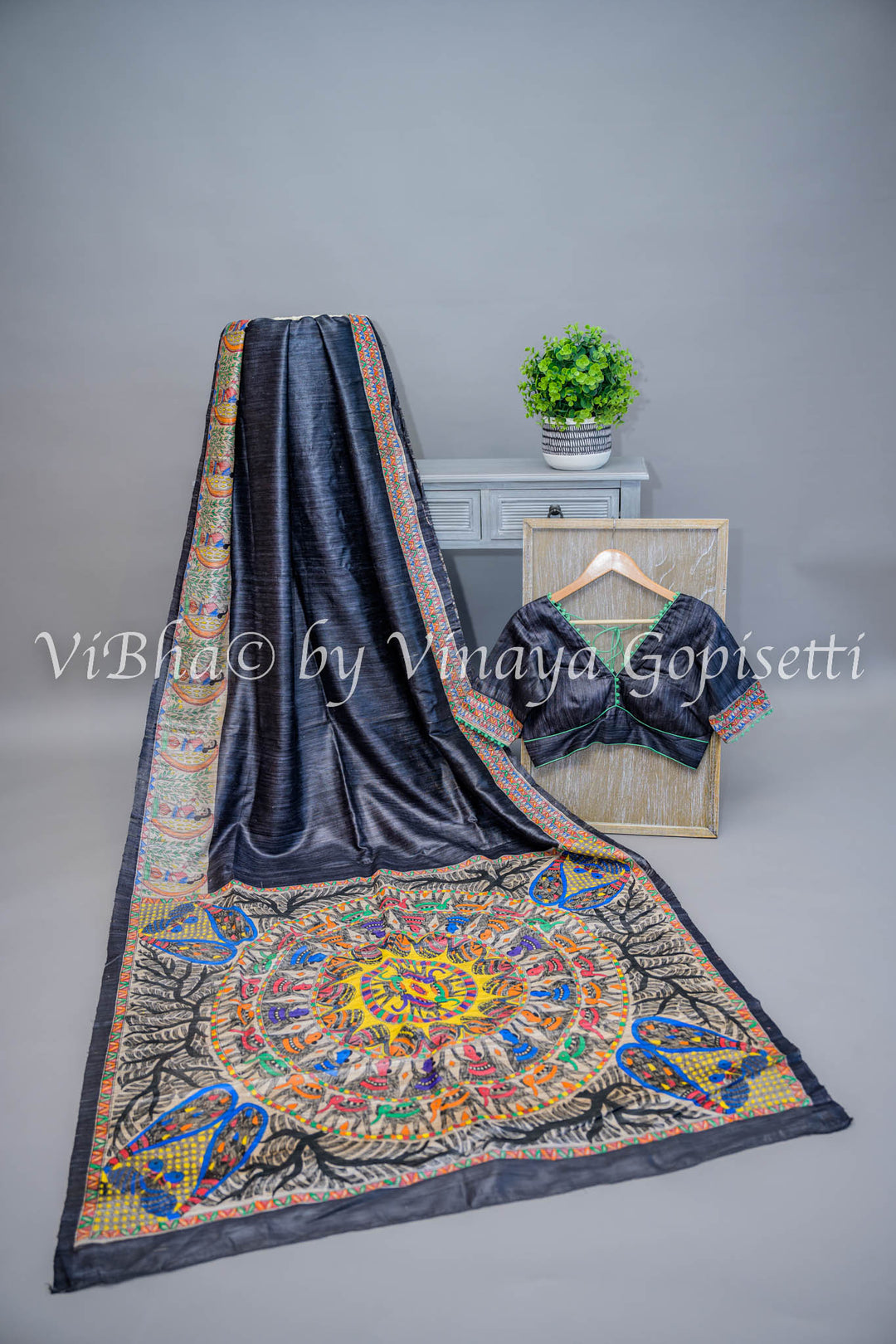 Black Madhubani Tussar Silk Saree and Blouse