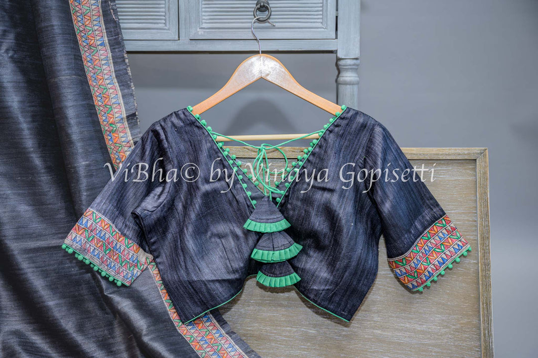 Black Madhubani Tussar Silk Saree and Blouse