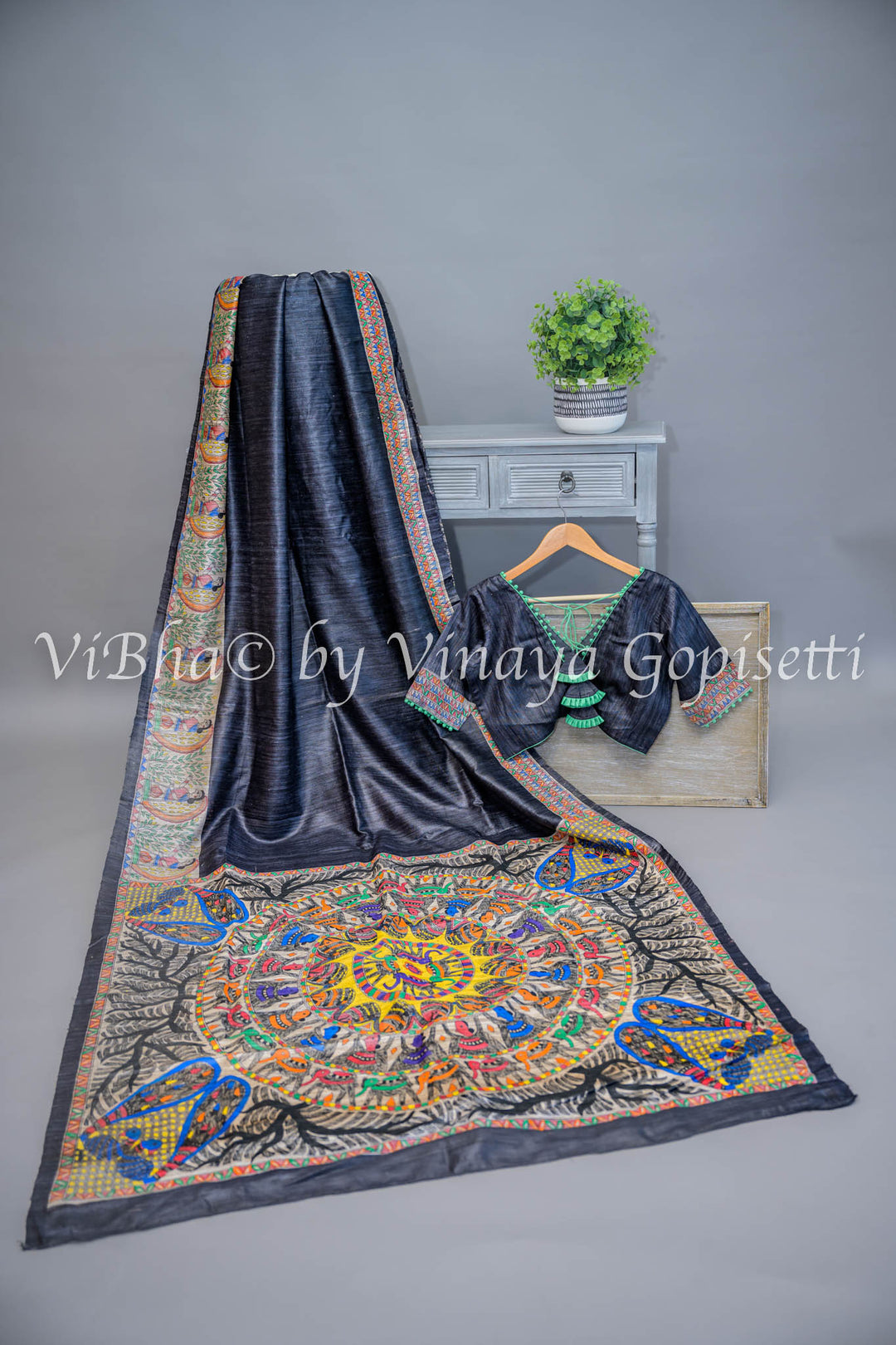 Black Madhubani Tussar Silk Saree and Blouse