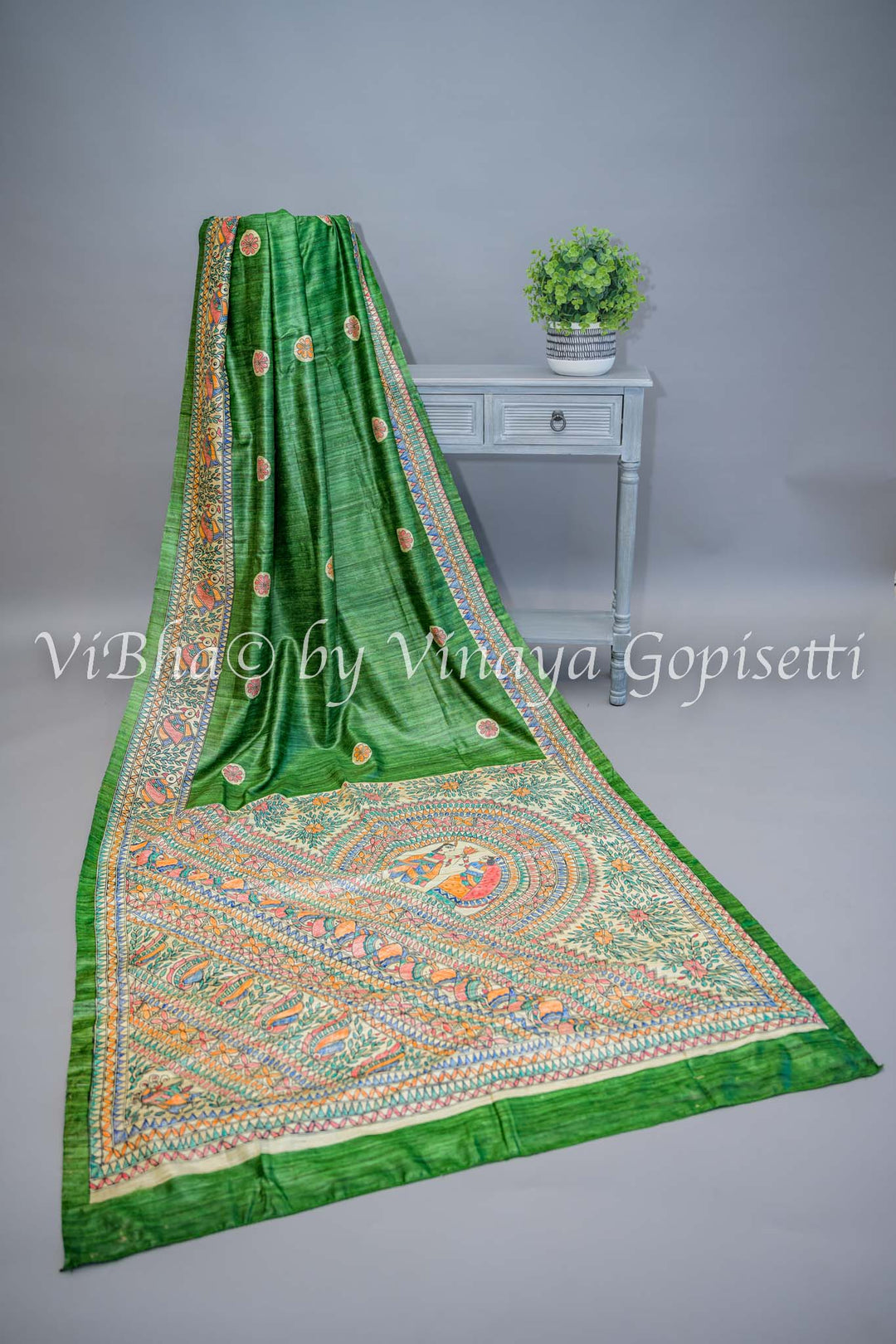 Green Madhubani Tussar Silk and Blouse